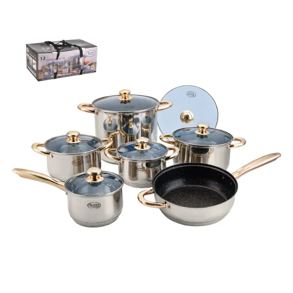12 pcs stainles steel cookware set with blue glass lid