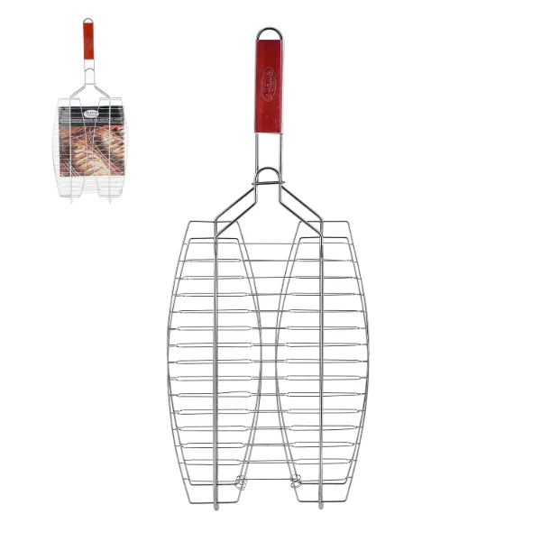 BBQ Fish Grill 25x10.5in with Wood handle 2 compartment