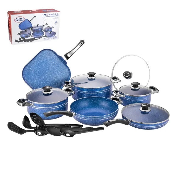 Alum Cookware 17pc Set Blue Nonstick with Marble Coating Blue Painting Bakelite Handle
