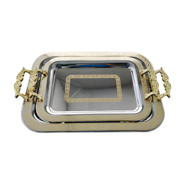 AC Set of 2pc Chrome Plated Serving Tray With Plastic Handle Gold 14in 17.5in