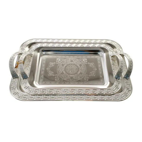 AC Set of 2pc Iron Serving Tray Silver Plated With Metal Handle 13.5in 16in