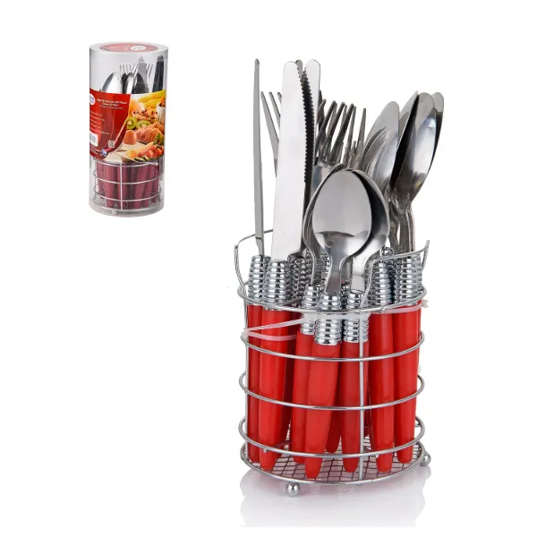 AC Set of 20pc SS Flatware with Basket Red