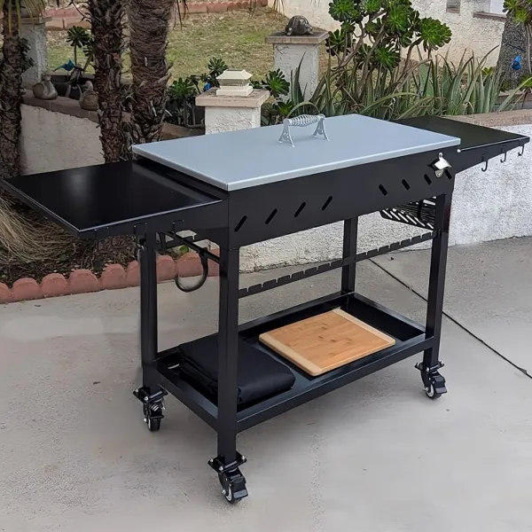 Iron BBQ Grill with Lid and 4pc Wheels 63.36x15.94x31.5in