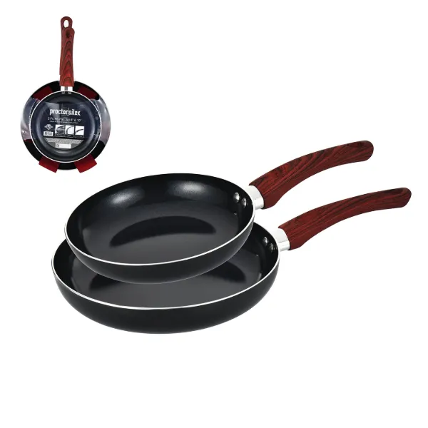PS 2pcFry Pan Set 8in 10in Black with Black Ceramic Coating Red Woodlike handle with Felt protector