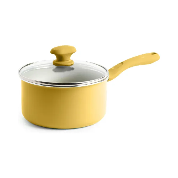 AC Alu. Sauce pan 2Qt Cool grey ceramic coating Matt Lemon Drop Yellow painting with glass lid