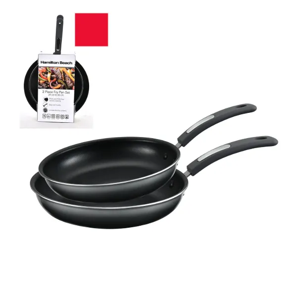 HB Set of 2pc Alum Fry Pan Black Ceramic Coating 9.5in 12in Red