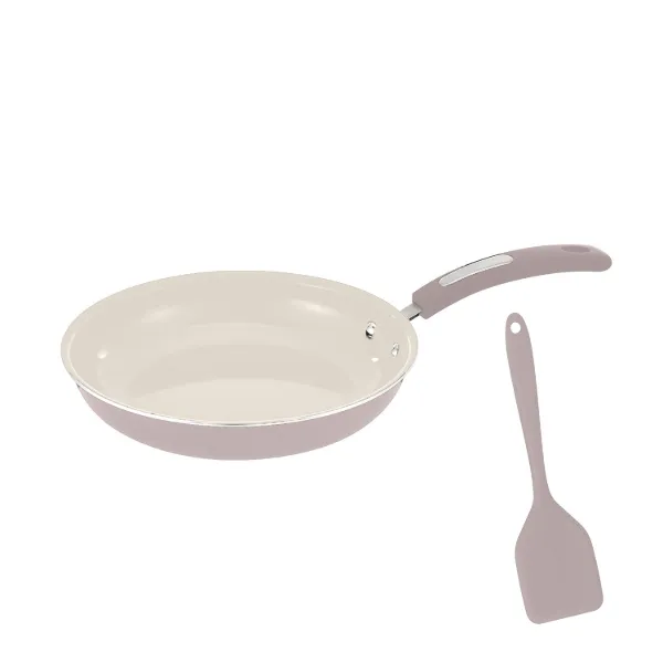 HB 5in Fry Pan Cream Ceramic Coating Gray Pink Paint Softtouch Handle w Matching Spatula