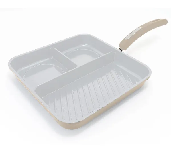 HB 8in Three Section Breakfast Pan Gray Ceramic Coating Tan Paint  Softtouch Handle